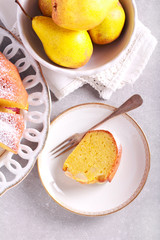 Saffron bundt cake with pears, served