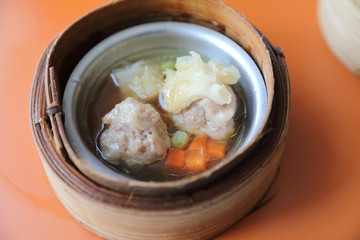 Dim sum on wood basket , Chinese food