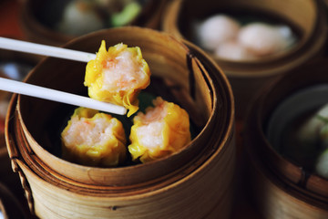 Dim sum on wood basket , Chinese food