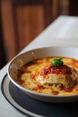 Homemade Beef Meat lasagna on dish in restaurant , Italian food