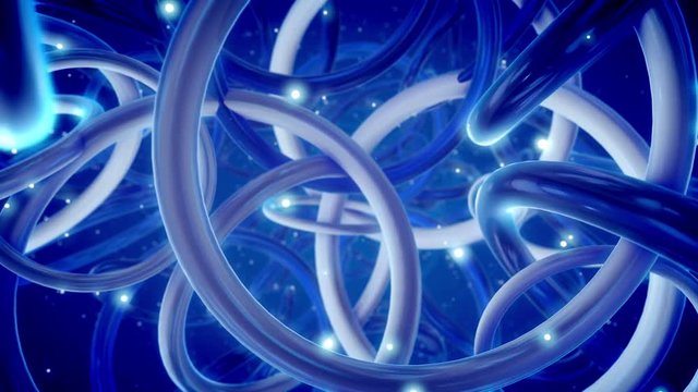 A futuristic 3d rendering of interwoven rings resembling some enigmatic time portal between some faraway galaxies in a boundless violet universe with numerous sparkling stars in seamless loops.