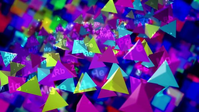 3d rendering of shining multicolored pyramids with the symbols of chemical elements moving up and down in the black background. They create the mood of optimism and innovation in seamless loop.