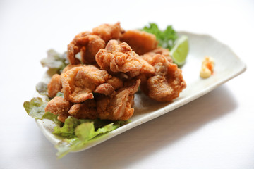 Karaage , Fried Chicken Japanese style on wood background