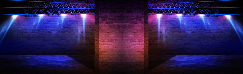 Empty brick wall background with neon lights, spotlights.