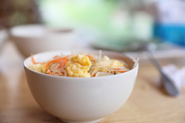 Vermicelli salad japanese style on wood background