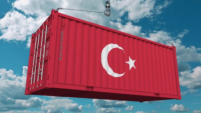 Cargo container with flag of Turkey. Turkish import or export related conceptual 3D animation