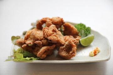 Karaage , Fried Chicken Japanese style on wood background