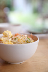 Vermicelli salad japanese style on wood background