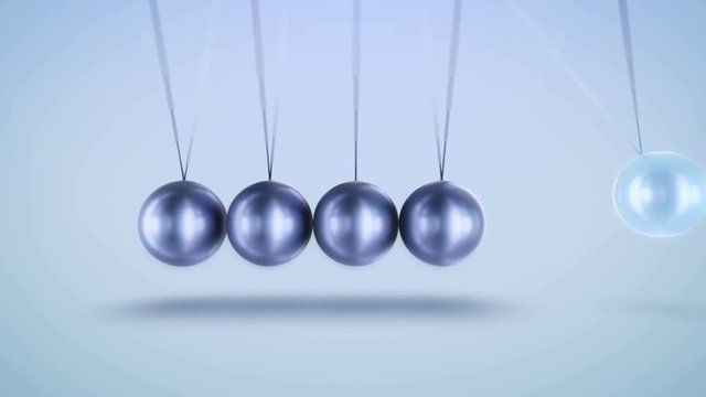 A wise 3d rendering of steel balls pendulum with swaying horizontally beads hitting each other in a light blue backdrop with blurred dots. They look impressive and exact in seamless loops.