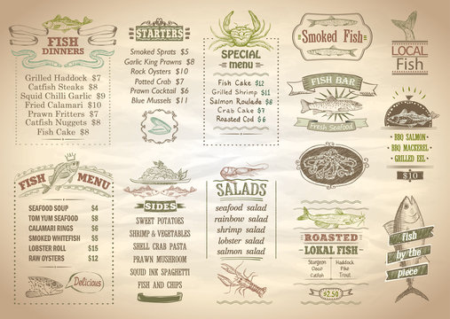 Fish menu set, seafood menu, copy space for text