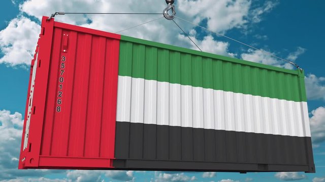 Cargo container with flag of the United Arab Emirates. UAE import or export related conceptual 3D animation