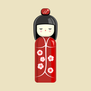 Japanese doll. Oriental toy, souvenir, sign. The girl in the kimono. Vector.