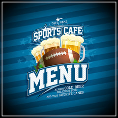 Sports cafe menu design, rugby ball and glasses of beer