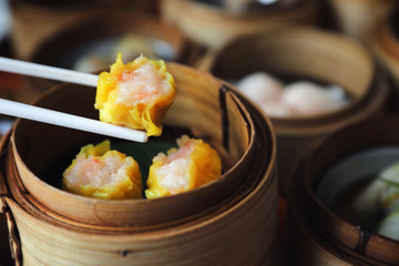 Dim sum on wood basket , Chinese food