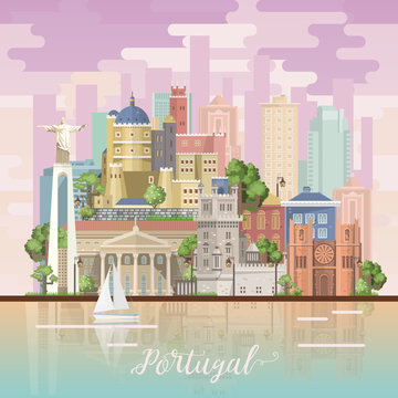 Portugal travel vector postcard in modern flat style with Lisbon buildings and portuguese souvenirs