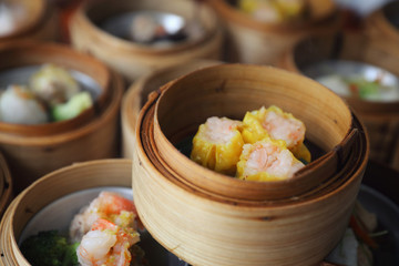 Dim sum on wood basket , Chinese food