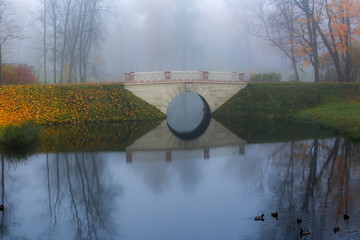 Morning autumn fog in Alexander park in Tsarskoe Selo (Pushkin), St. Petersburg, Russia