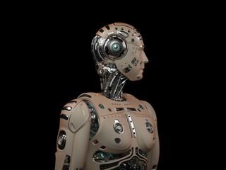 3D Render Futuristic Robot Man upper body on black background