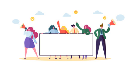 Business Team Holding Horizontal Empty Banner. Happy People with Blank Billboard. Teamwork Advertising Concept Presentation, Announcement. Vector illustration