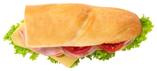 Fresh baguette sandwich with ham, cheese, tomatoes, and lettuce isolated on white background.