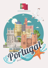 Portugal travel vector postcard in modern flat style with Lisbon buildings and portuguese souvenirs - obrazy, fototapety, plakaty