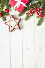 Christmas background - red present box, candle and decorations o