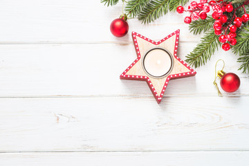 Christmas background - red present box, candle and decorations o