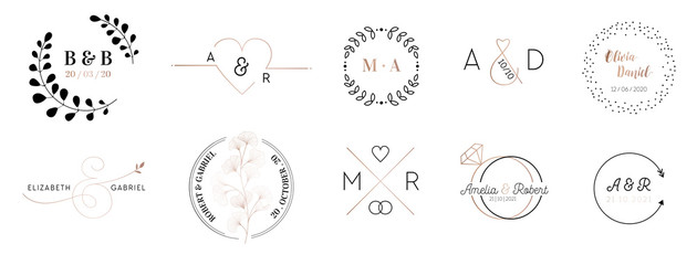 Wedding monogram logos collection, hand drawn modern minimalistic and floral templates for Invitation cards, Save the Date, elegant identity for restaurant, boutique, cafe in vector