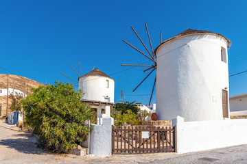 Picturesque windmills in Ano Chora on the island of Serifos. Greece © vivoo