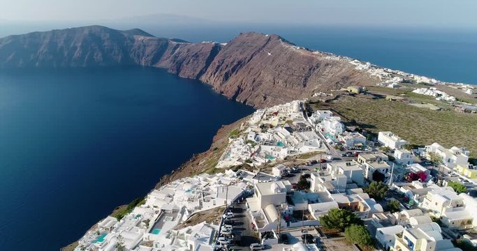 village with villa on the island of Santorin in aerial view, greece