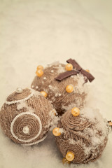 Christmas homemade balls made twine. Christmas and New year decoration on white