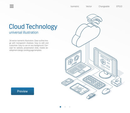 Cloud computing technology modern isometric line illustration. Database, online server, internet platform business sketch drawn icons set. 3d vector background. Information storage network concept.