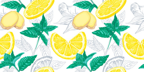 Lemon, mint and ginger seamless pattern. Ink sketch lemons, ginger, mint. Citrus fruit background. Elements for menu, greeting cards, wrapping paper, cosmetics packaging, posters etc