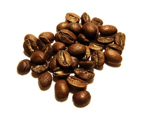 Coffee beans are roasted a bunch isolated on a white background.