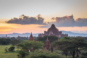 sunset moment in Bagan, view from terrace of the incredible landscape of this magic historical area, Myanmar