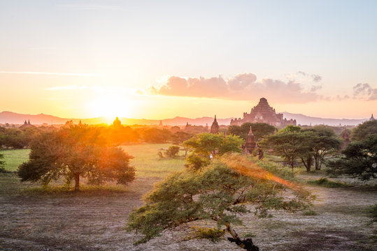 sunset moment in Bagan, view from terrace of the incredible landscape of this magic historical area, Myanmar