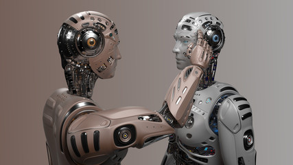 3D Render Futuristic robot man touching the head of another identical robot or asking another cyborg to use his brain 
