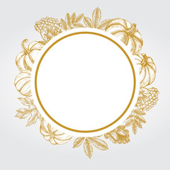 Autumn Background with Ink hand drawn maple, chestnut leaves, ashberry and pumpkins. harvest elements composition. Vector illustration.