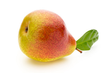 Fresh bio pear with leaves on isolated white background.