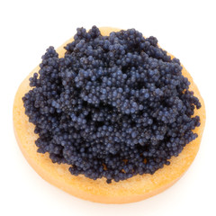 Canapes with black sturgeon caviar on the isolated white background. © gitusik