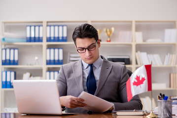 Businessman with Canadian flag in office