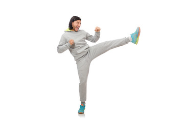 Young man exercising isolated on white background