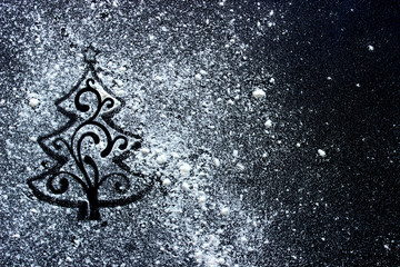 New year background. Christmas background. Abstract background, illustration of Christmas tree on black background, snowflakes, snowfall, white, snowfall.Copy space.Christmas flour decoration.