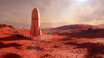 landscape on planet Mars, rocket landing on the red planet's surface - obrazy, fototapety, plakaty