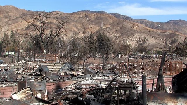 Burned down trailer park near Sylmar so called Sayre Fire near Los Angeles, USA.