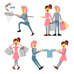 Couple of young people shopping. Young woman with packages. Girl with a net catches discounts. Vector illustration of a flat style