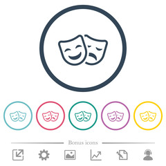 Comedy and tragedy theatrical masks flat color icons in round outlines