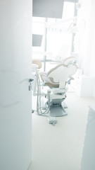 Abstract sharp hospital and clinic interior for background - Processing Blue color white balance with open door