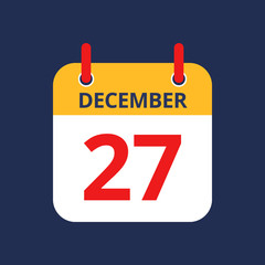 Flat icon calendar 27th of December isolated on blue background. Vector illustration.