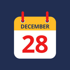 Flat icon calendar 28th of December isolated on blue background. Vector illustration.